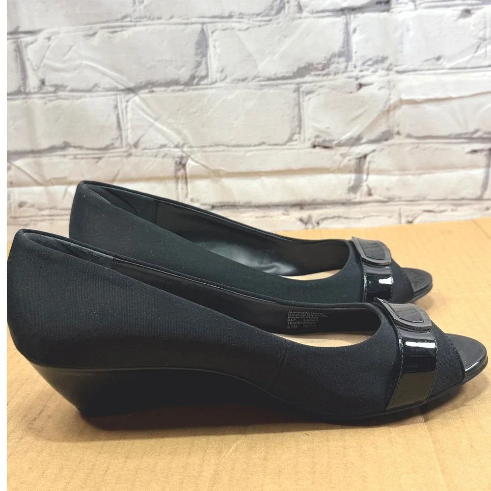 Alfani Step N Flex Wedge Shoes Women 9.5 Black Peep Toe Office Comfort Heels